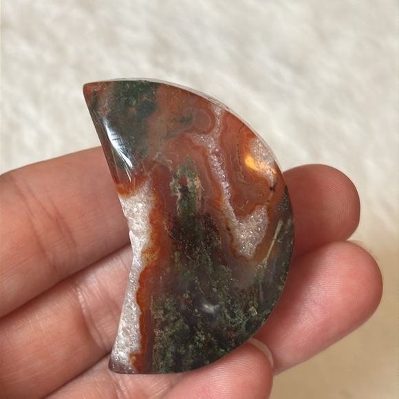 💚 Carnelian Moss Druzy Agate Half Moon Crystal - Picture 3 of 4